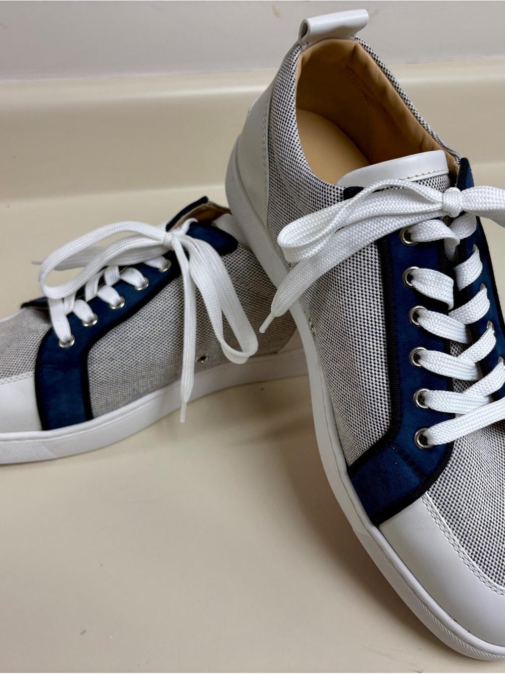 Christian Louboutin White and Navy Mesh Lace-Up Sneakers - Size 12